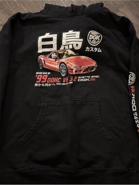 DGK Black Hoodie with Red Sports Car and White Japanese Text |L|